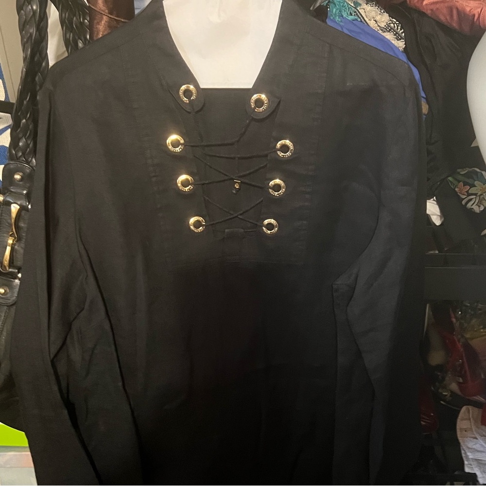Michel Kors Black Linen Pant suit, wide leg beautiful gold accent